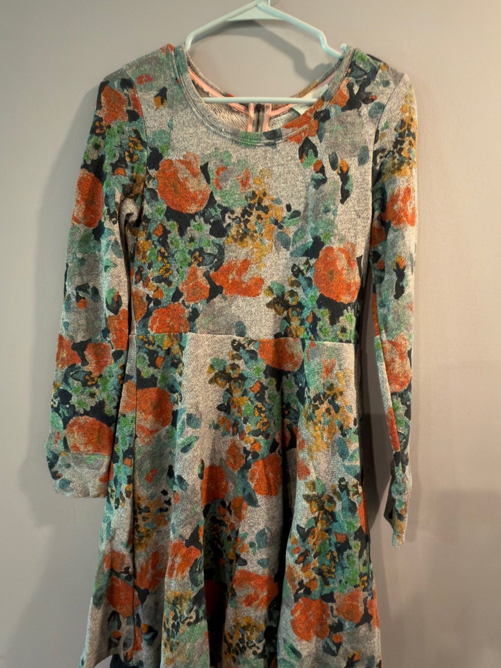 Floral Long Sleeve A-Line Dress - Orange & Teal Print